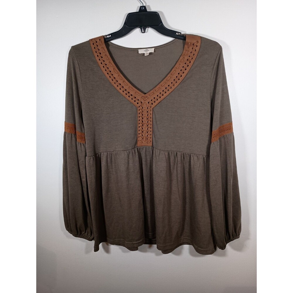 Entro Long Balloon Sleeve Olive Green Lace Up Suede Babydoll Top Size Large